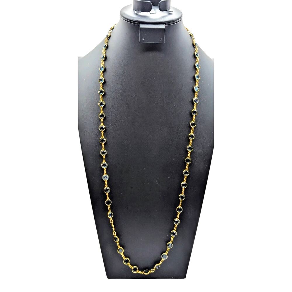 Vintage Austrian Crystal USA Gold Tone Bezel Set Blue Crystal Chain 36" Necklace